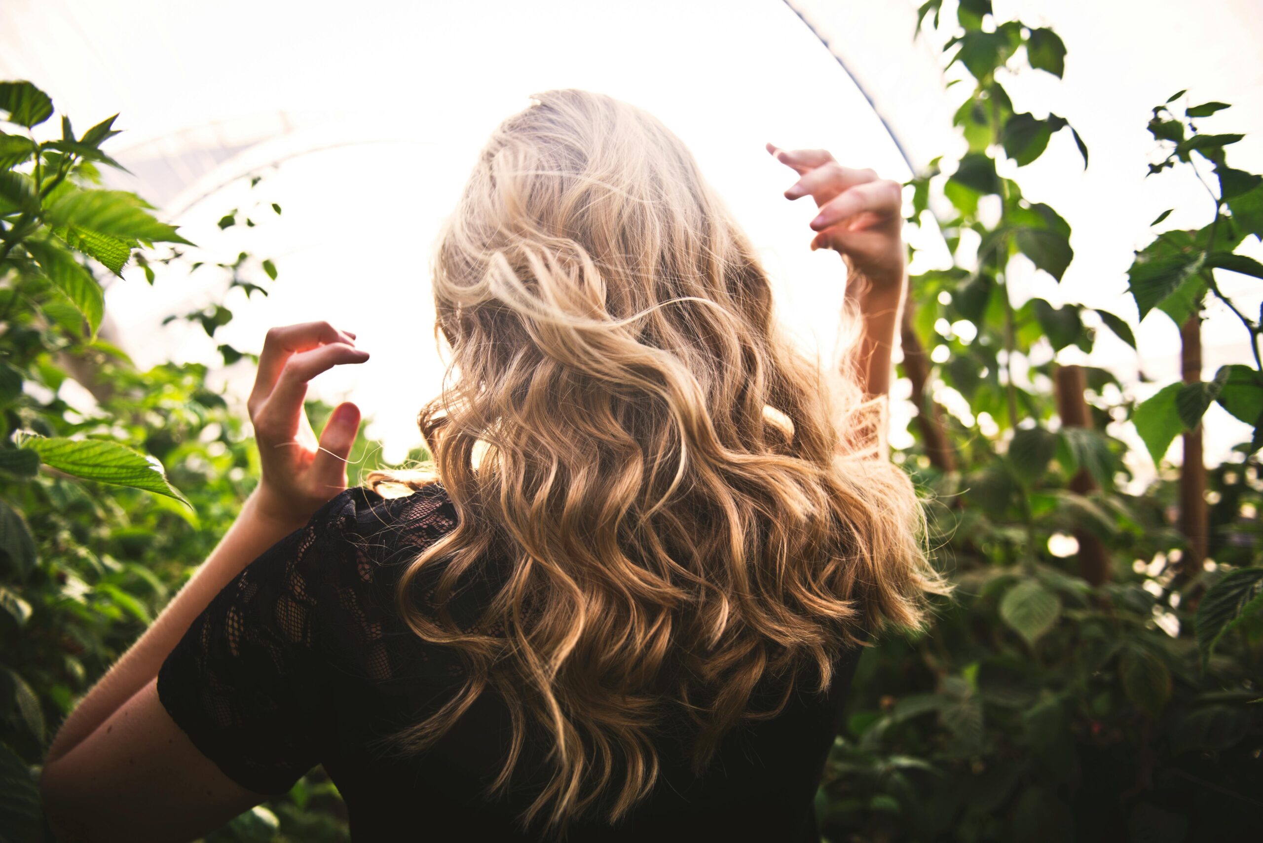 The back of a woman's head showing her thick, wavy, blonde hair.