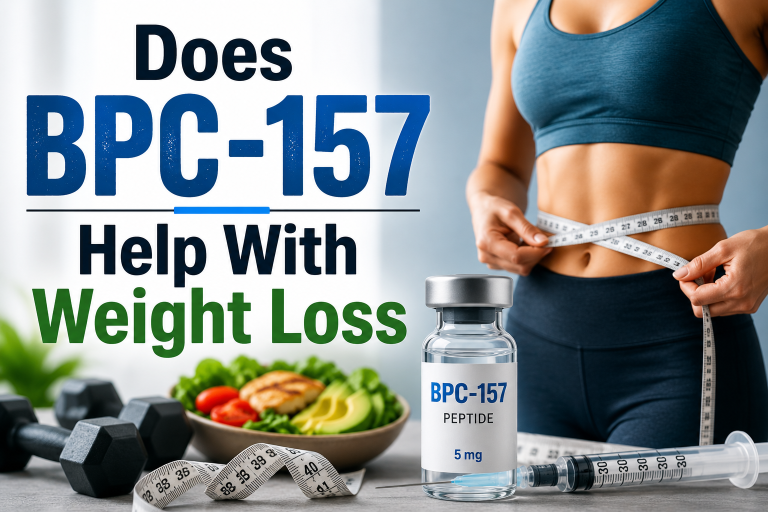 Woman measuring her waist beside a BPC-157 peptide vial, healthy foods, and fitness equipment with text reading “Does BPC-157 Help With Weight Loss?”