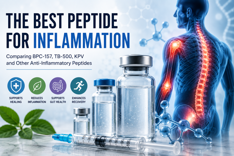 Medical illustration for an article about the best peptide for inflammation, featuring peptide therapy vials, a syringe, molecular structures, and a human figure highlighting inflamed joints and spine, with the title “The Best Peptide for Inflammation: Comparing BPC-157, TB-500, KPV and Other Anti-Inflammatory Peptides.”