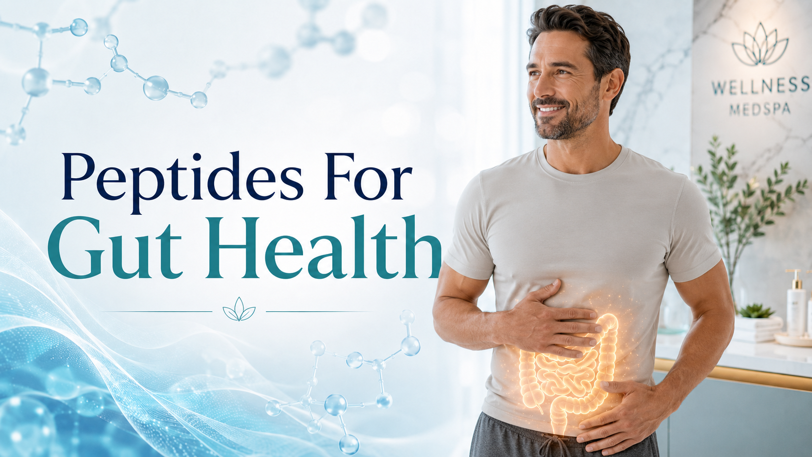 Man in a modern wellness medspa touching his abdomen with a glowing digestive system illustration, peptide molecules, and text reading “Peptides For Gut Health.”