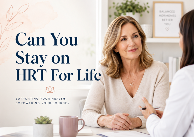 Middle-aged woman speaking with a healthcare provider beside the text “Can You Stay on HRT For Life.”