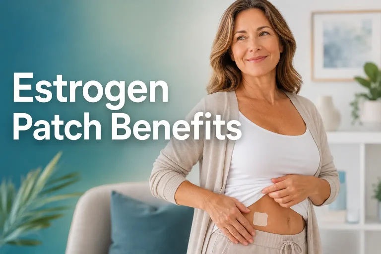 Middle-aged woman showing an estrogen patch on her lower abdomen beside the text “Estrogen Patch Benefits.”