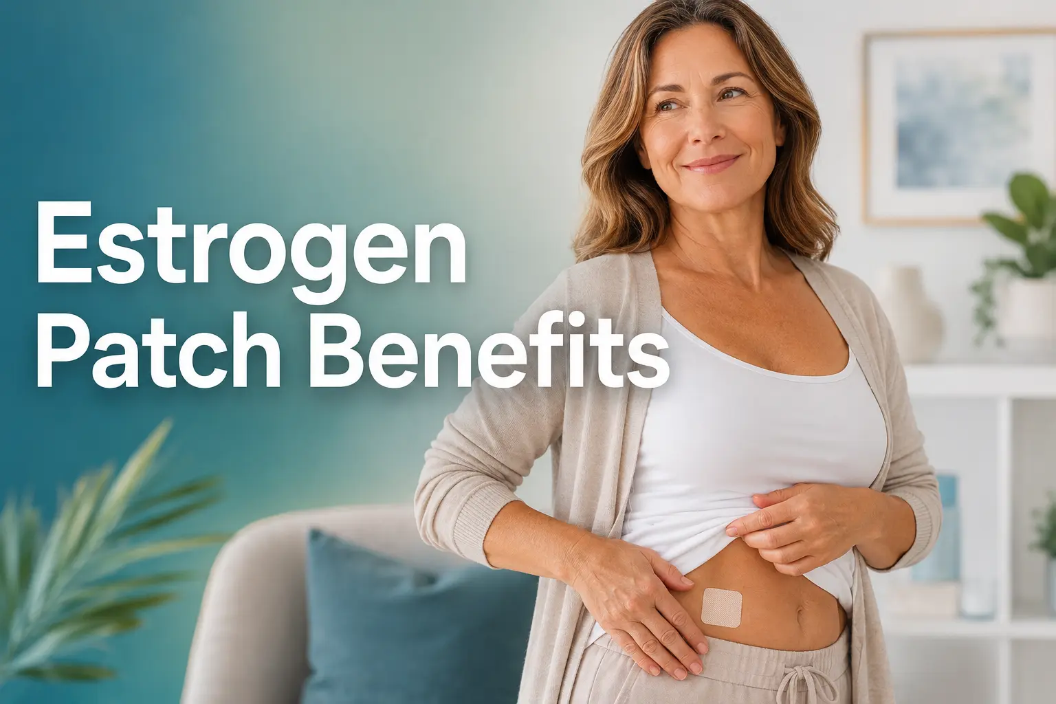 Middle-aged woman showing an estrogen patch on her lower abdomen beside the text “Estrogen Patch Benefits.”