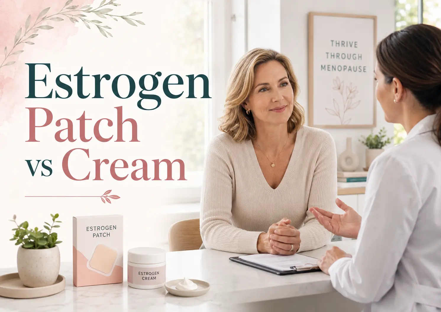Middle-aged woman consulting with a female healthcare provider beside an estrogen patch box and cream jar, with text reading “Estrogen Patch vs Cream.”