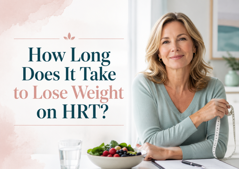 Middle-aged woman holding a measuring tape beside a healthy meal with text reading, “How Long Does It Take to Lose Weight on HRT?”
