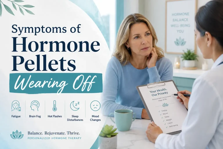 Middle-aged woman discussing returning hormone symptoms with a healthcare provider beside text reading “Symptoms of Hormone Pellets Wearing Off.”