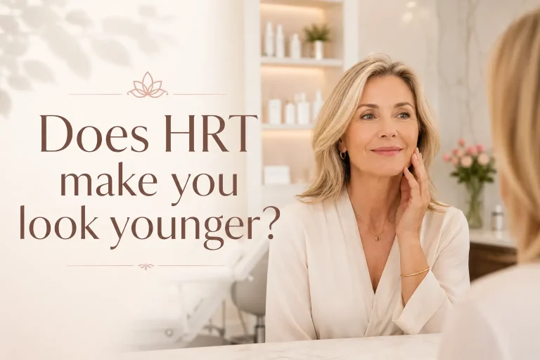 Midlife woman touching her cheek in a bright wellness medspa beside text reading, “Does HRT make you look younger?”