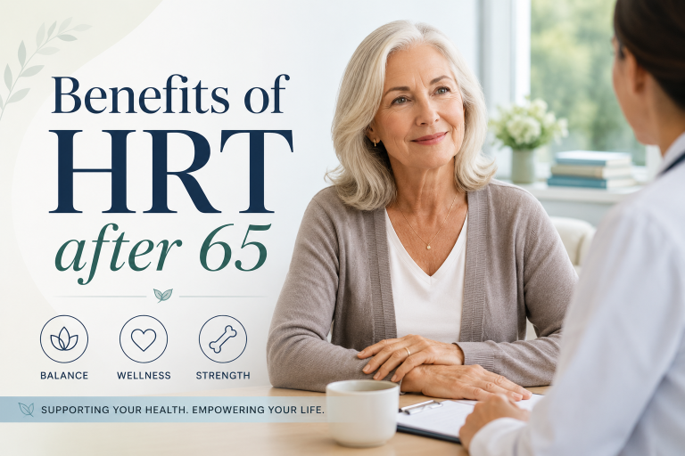 Older woman speaking with a healthcare provider in a bright wellness setting, with text reading “Benefits of HRT after 65.”