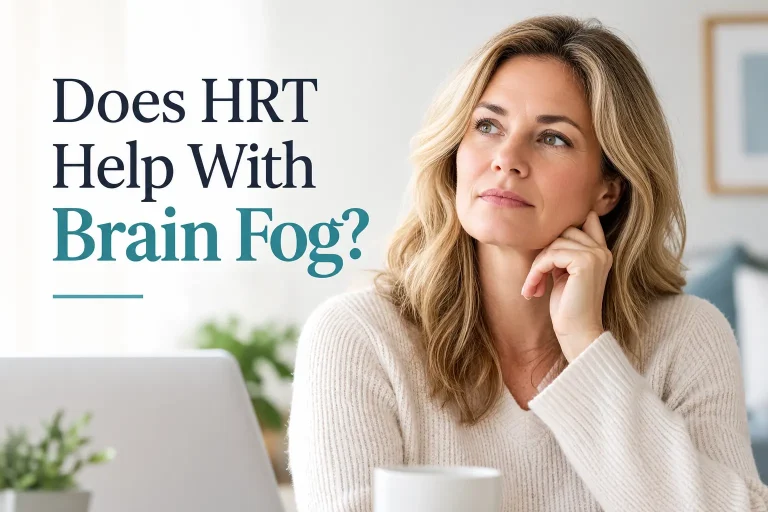 Woman experiencing brain fog during menopause with text reading “Does HRT Help With Brain Fog?”