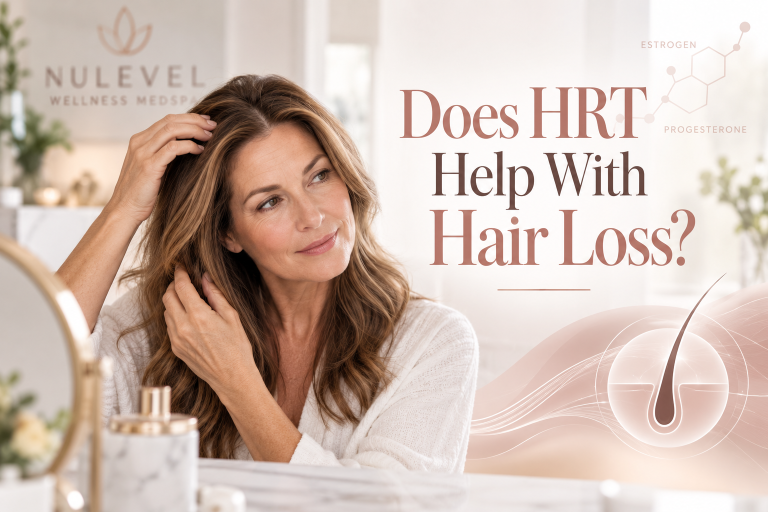 Woman examining her hair beside text reading “Does HRT Help With Hair Loss?” with hormone and hair follicle graphics for Nulevel Wellness Medspa.