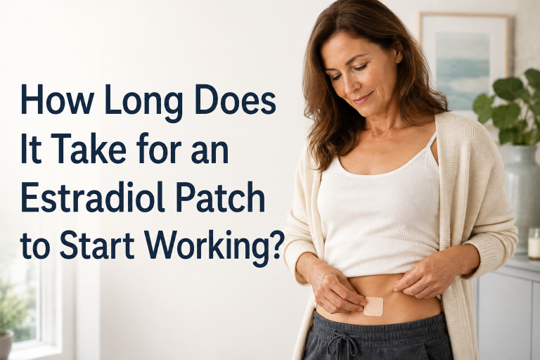 Woman applying an estradiol patch to her lower abdomen beside text reading, “How Long Does It Take for an Estradiol Patch to Start Working?”