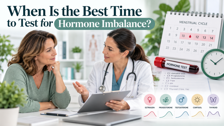 Middle-aged woman discussing hormone testing with a doctor, alongside a menstrual cycle calendar, blood test sample, clock, and hormone charts, with text reading “When Is the Best Time to Test for Hormone Imbalance?”