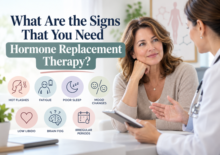 Middle-aged woman discussing hormone replacement therapy with a doctor, alongside icons for hot flashes, fatigue, poor sleep, mood changes, low libido, brain fog, and irregular periods, with text reading “What Are the Signs That You Need Hormone Replacement Therapy?”